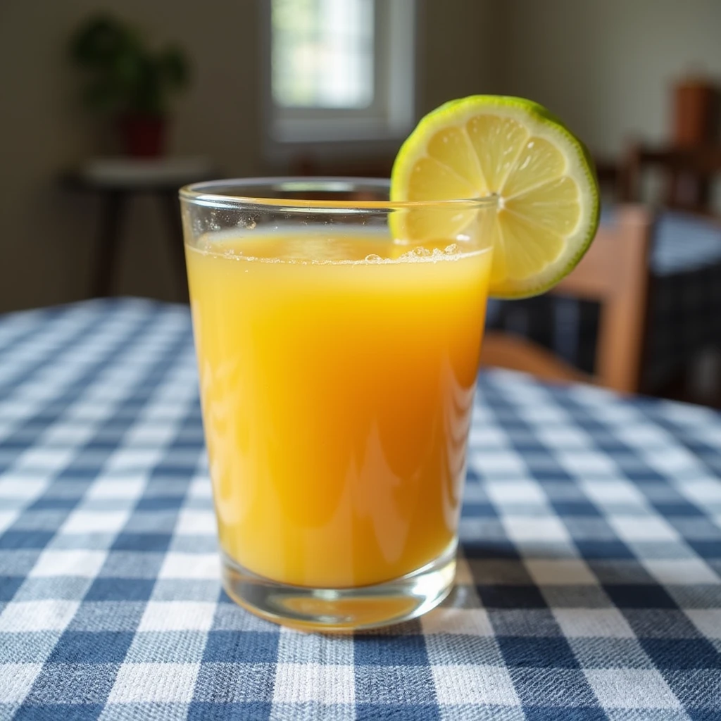 Table with glass of orange juice with blue checkered tablecloth