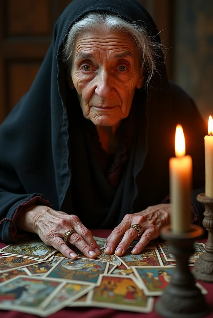 A clairvoyant woman, of advanced age, with tarot in your hands and candles on the table, looking straight at the camera, showing the entire background, PICTURE REALISTIC, 8k