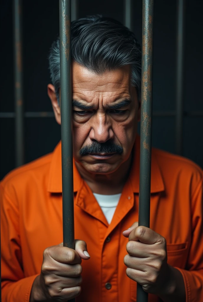 Realistic HD photo that is just as detailed as Nicolás Maduro imprisoned behind bars, with orange uniform, crestfallen
