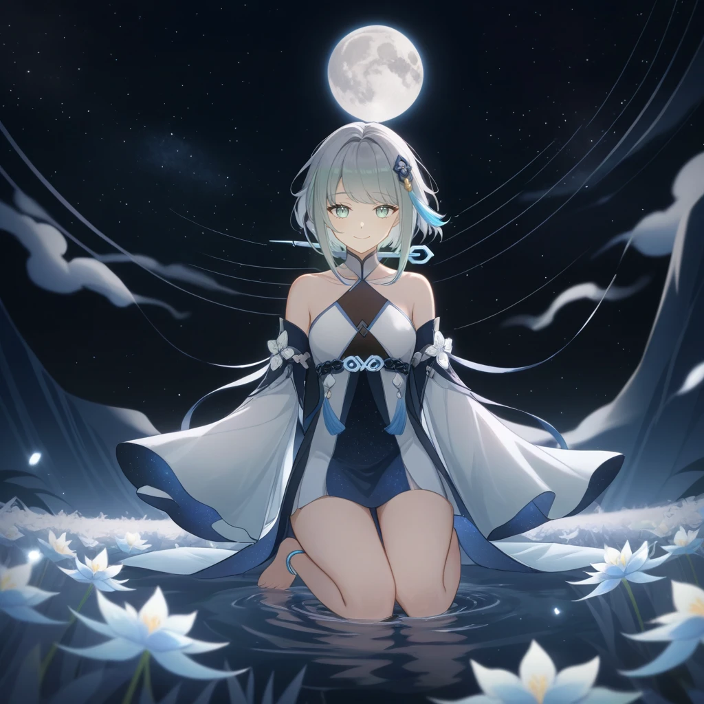 1girl, guizhong_\(genshin_impact\),light grey hair,short_hair_with_long_locks,starry_sky_print,detached_sleeves, long sleeves_past_fingers,hanfu,illustrated by matsuryuu and agahari and dsmile,pale blue eyes,stunning field of softly glowing blue and white glaze lilies,night scene,gentle smile,moonlight,glossy lips,vivid anime coloring,cel shading,smooth, soft dreamy focus,anklet,halter_top,white clothes,highly detailed,digital painting,field of flowers,bare_shoulders,wlop,barefoot,cool night tones, magical night scene,masterpiece, best quality, film, professional, 4k, highly detailed,Guardian nebula of rainbow light and silvery vapor,starry,cosmic,goddess,rich color,hdr,silver moon,

A woman shrouded in mystery, Stand gracefully on the endless shore, Surrounded by shimmering stardust, The bell Creates a faint glow in the haze. Her face, Full of expression and depth
