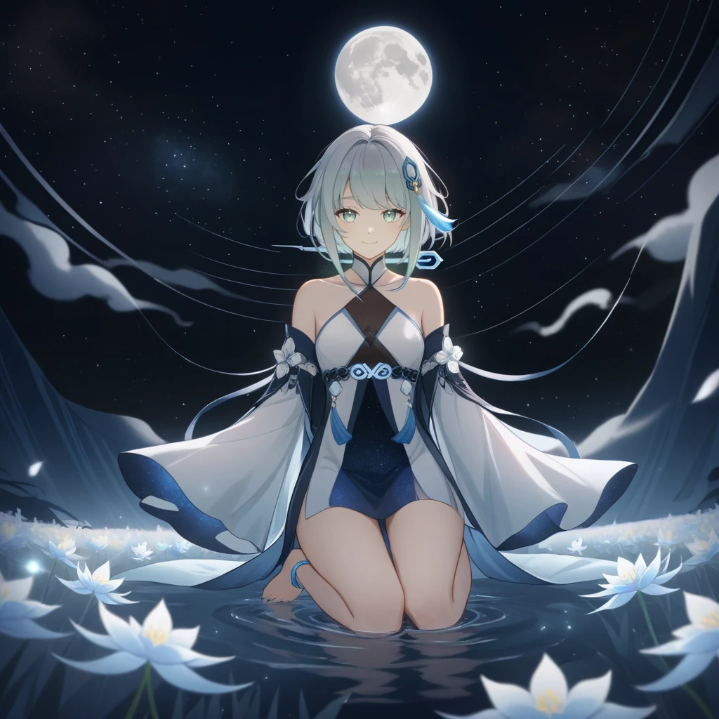 1girl, guizhong_\(genshin_impact\),light grey hair,short_hair_with_long_locks,starry_sky_print,detached_sleeves, long sleeves_past_fingers,hanfu,illustrated by matsuryuu and agahari and dsmile,pale blue eyes,stunning field of softly glowing blue and white glaze lilies,night scene,gentle smile,moonlight,glossy lips,vivid anime coloring,cel shading,smooth, soft dreamy focus,anklet,halter_top,white clothes,highly detailed,digital painting,field of flowers,bare_shoulders,wlop,barefoot,cool night tones, magical night scene,masterpiece, best quality, film, professional, 4k, highly detailed,Guardian nebula of rainbow light and silvery vapor,starry,cosmic,goddess,rich color,hdr,silver moon,
A woman shrouded in mystery, Stand gracefully on the endless shore, Surrounded by shimmering stardust, The bell Creates a faint glow in the haze. Her face, Full of expression and depth