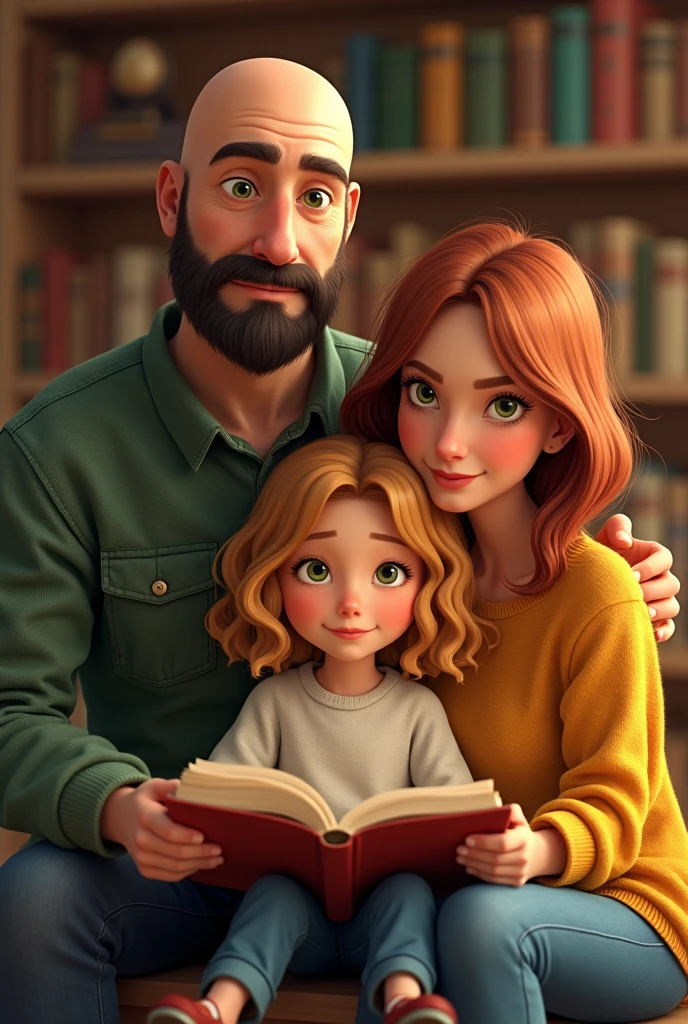 Family with the following characteristics:
Baba: 39 year old white man, height of 1,73, calvo e barba preta e greeneyes;
Mother: Mulher white de 38 ano, height 1,59, greeneyes com o cabelo castanho-acobreado, straight and without bangs parted in the middle;
daughter: 18 year old young woman, height 1,53, white, greeneyes, shoulder length curly blonde hair Bookstore background

