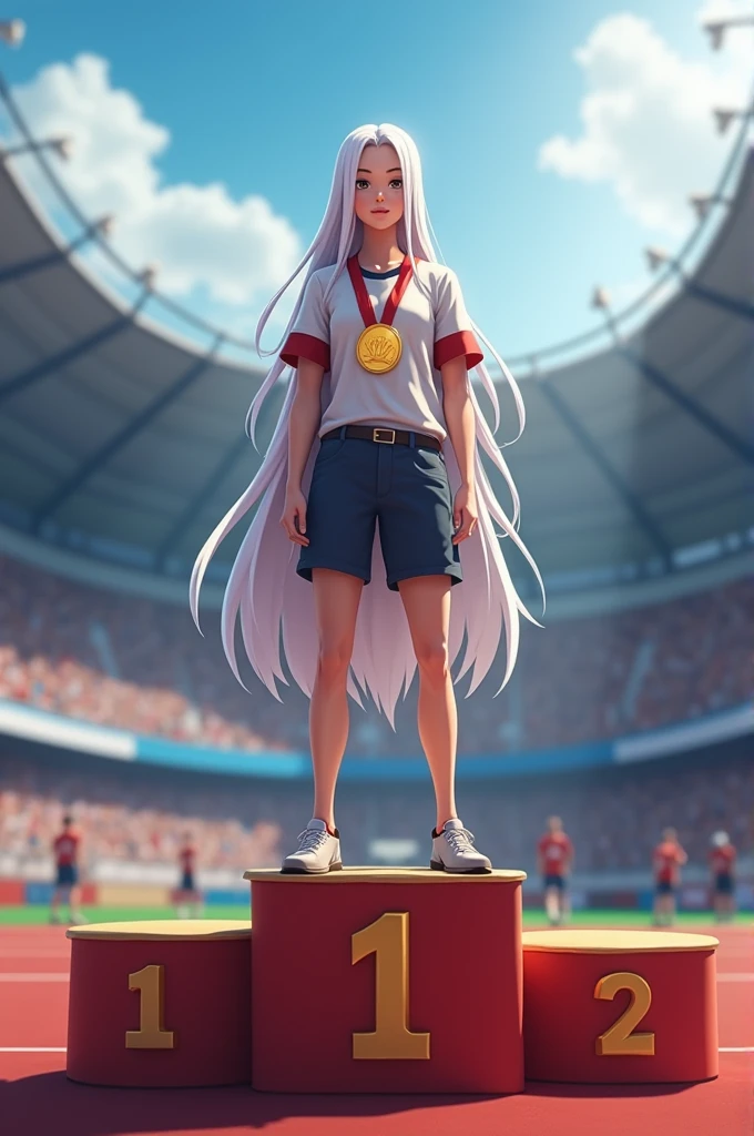  white straight hair black, on the first place podium with a gold medal 
