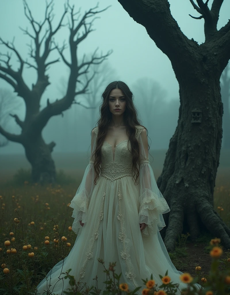 Large format 8k quality photo of a woman in a  fantasy etheral  dramatic setting with rotten apple trees,shot on ARRI ALEXA 65 with 50mm lens