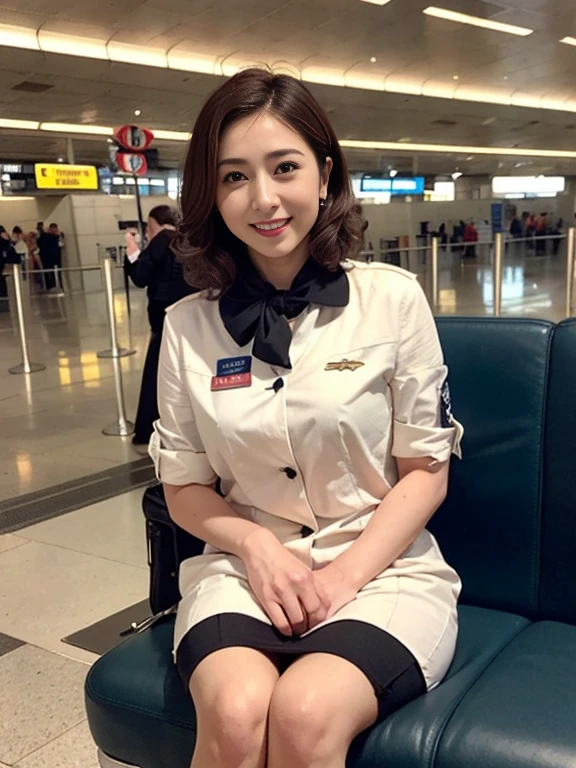 (Top quality? masterpiece, 8K, Ultra-high resolution, (Practical: 1.4), 1 girl, Beautiful expression, Symmetrical eyes, Brown curly hair,sparrow, Perfect body proportions, Airline stewardess, cleveage, Looking at the audience, (at the airport: 1.2), Long legs (1.3), a smile