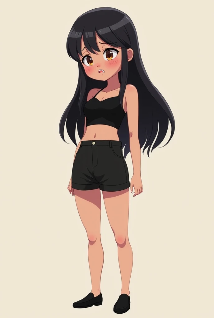an animated drawing woman with bangs that cover her jaw and also long semi-wavy hair, perfect waist, her height 1.50 and tired eyes and a slight blush and big breasts with black clothes and shorts and black shoes as a profile picture