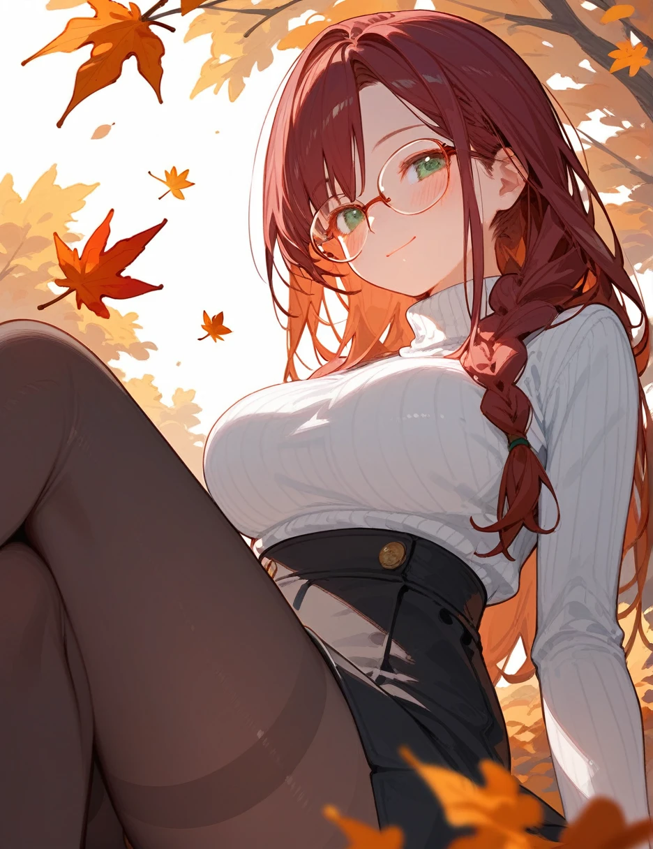 close up, (from below:0.4), autumn, score_9_up,score_8_up, 1girl, solo, green eyes, burgundy hair, braid, long hair, ((blush)), closed mouth, smile, big breast, pose, ((sitting)), (thin girl:1.2), (leaves), glasses, turtleneck, black skirt, tights, panties,