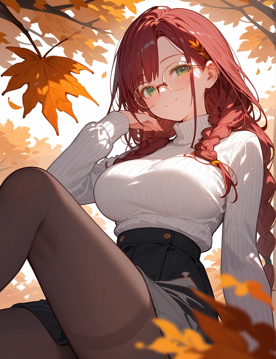 close up, (from below:0.4), autumn, score_9_up,score_8_up, 1girl, solo, green eyes, burgundy hair, braid, long hair, ((blush)), closed mouth, smile, big breast, pose, ((sitting)), (thin girl:1.2), (leaves), glasses, turtleneck, black skirt, tights, panties,