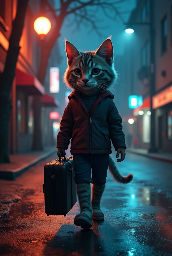 “Create an image of an anthropomorphic feline character, a baby cat, then he grows up, then he trains for boxing, a person falling for his eyes, sad and very sentimental, taking his suitcase, walking alone on the street, low light trees around him, spotlights on the street. around efecot neon light