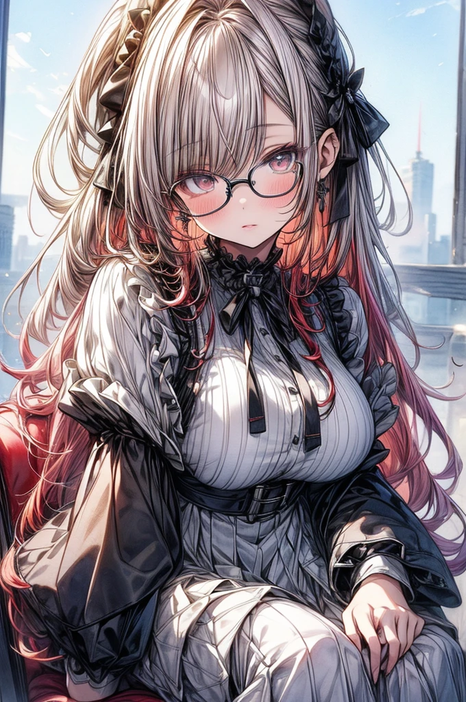 ((Sketch)), ((Watercolor)),((best quality)) ((best quality)), ((masterpiece)), (detailed), HD, Highly Detailed, 4k image, anime style, beautiful young teenage girl, tanned white skin, long waist length hair(white-red hair), soft facial features, peach colored eyes, Frilly long sleeved blouse, pleated A-line skirt, cherry red plump lips, large E-cup breasts, short height(150cm). wide hips and large round ass, silver round-frame glasses, sitting down at an elaborate dining table, facing the camera