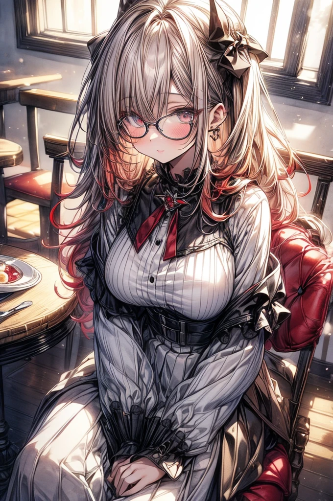 ((Sketch)), ((Watercolor)),((best quality)) ((best quality)), ((masterpiece)), (detailed), HD, Highly Detailed, 4k image, anime style, beautiful young teenage girl, tanned white skin, long waist length hair(white-red hair), soft facial features, peach colored eyes, Frilly long sleeved blouse, pleated A-line skirt, cherry red plump lips, large E-cup breasts, short height(150cm). wide hips and large round ass, silver round-frame glasses, sitting down at an elaborate dining table, facing the camera
