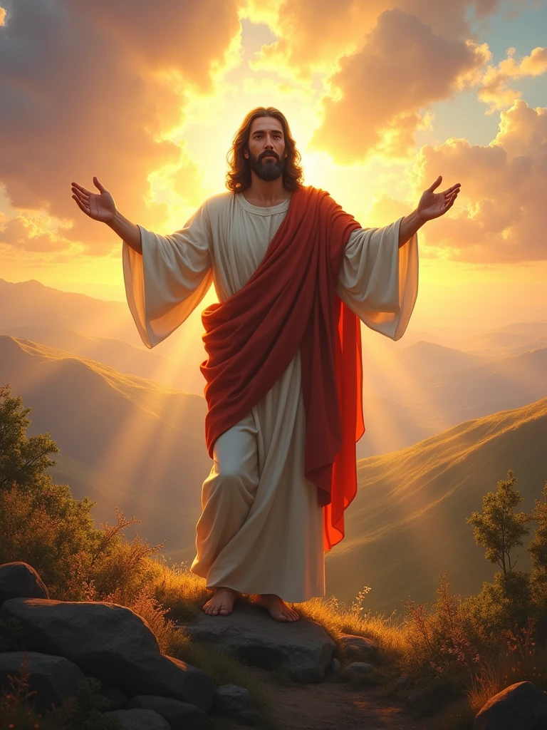 Create an inspiring and motivational image of Jesus. He is standing on a serene hill at sunrise, with a soft glow surrounding him. His arms are outstretched, as if offering comfort and guidance. The background shows a vast landscape with rays of sunlight breaking through clouds, symbolizing hope and new beginnings. Jesus has a peaceful and encouraging expression, and the overall atmosphere is one of warmth, inspiration, and motivation."