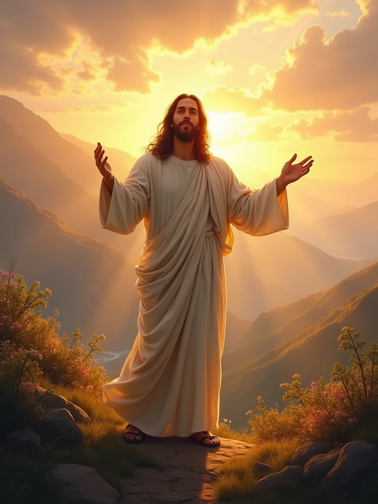 Create an inspiring and motivational image of Jesus. He is standing on a serene hill at sunrise, with a soft glow surrounding him. His arms are outstretched, as if offering comfort and guidance. The background shows a vast landscape with rays of sunlight breaking through clouds, symbolizing hope and new beginnings. Jesus has a peaceful and encouraging expression, and the overall atmosphere is one of warmth, inspiration, and motivation."
