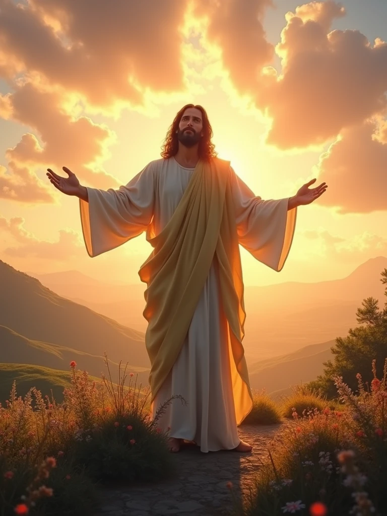 Create an inspiring and motivational image of Jesus. He is standing on a serene hill at sunrise, with a soft glow surrounding him. His arms are outstretched, as if offering comfort and guidance. The background shows a vast landscape with rays of sunlight breaking through clouds, symbolizing hope and new beginnings. Jesus has a peaceful and encouraging expression, and the overall atmosphere is one of warmth, inspiration, and motivation."