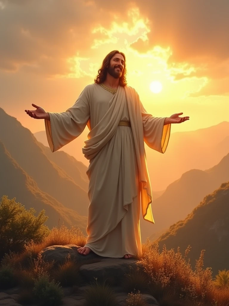 Create an inspiring and motivational image of Jesus. He is standing on a serene hill at sunrise, with a soft glow surrounding him. His arms are outstretched, as if offering comfort and guidance. The background shows a vast landscape with rays of sunlight breaking through clouds, symbolizing hope and new beginnings. Jesus has a peaceful and encouraging expression, and the overall atmosphere is one of warmth, inspiration, and motivation."