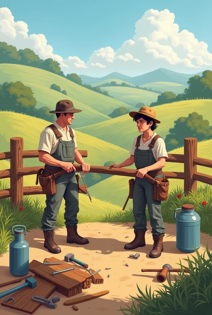 I want you to create a drawing that depicts two people in a rural setting.. The two people building a fence.  I also want you to add the workers&#39; work tools and a thermos of water in one place.. Both are dressed casually, suitable for outdoor work. 