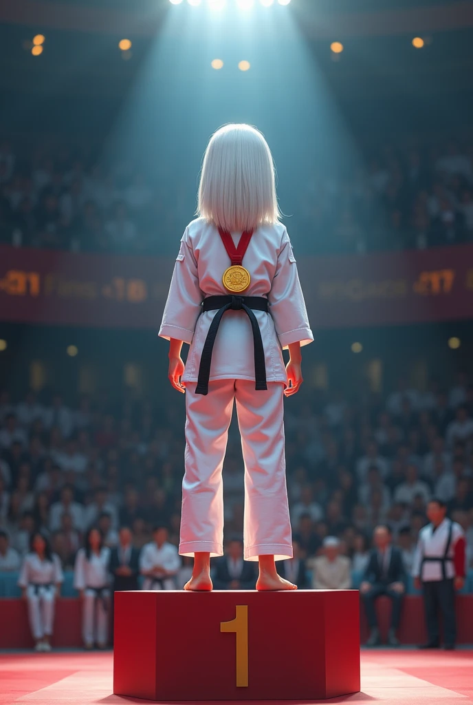 white straight hair black, on the first place podium with a gold medal in karate
