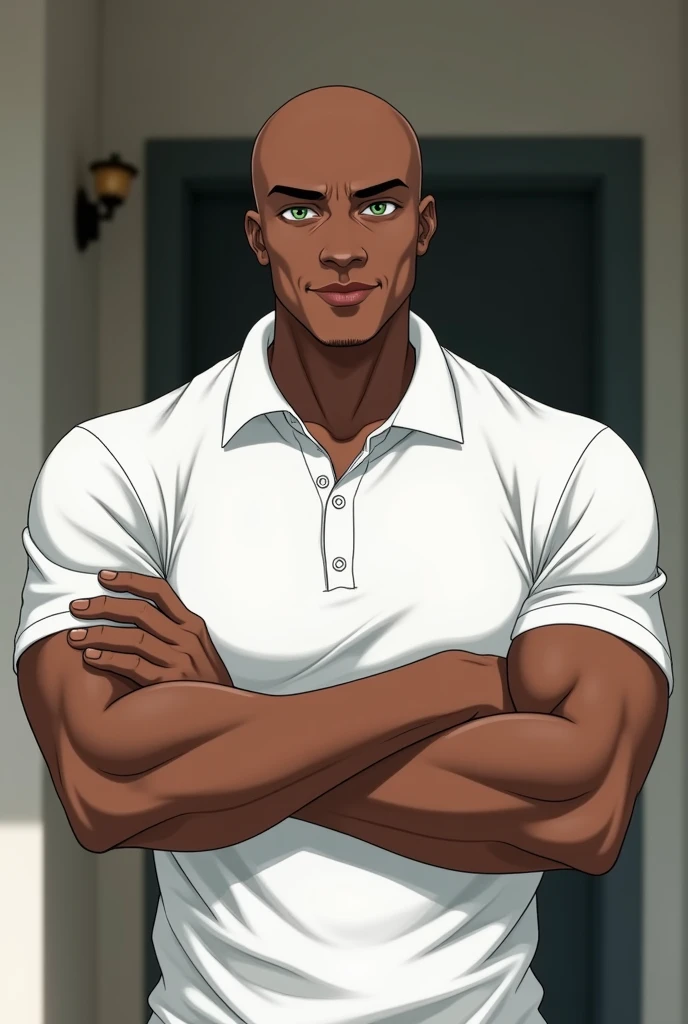 black male, sleeve-style, age 25, charismatic but serious look, little smile, very muscular, greeneyes, baldie, crossed arms, white polo shirt, image from the waist up, clean background like the entrance of an apartment, sleeve-style anime