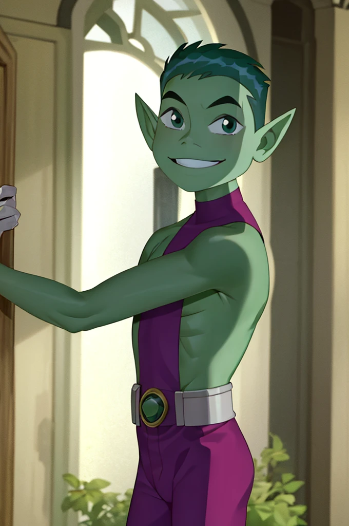 ((masterpiece,best quality)), absurdres, BeastBoy_TeenTitans,   1boy, solo, green eyes, green hair, green skin, colored skin, pointy ears,  purple bodysuit, solo, smiling, looking at viewer, cowboy shot, and shirtless. 