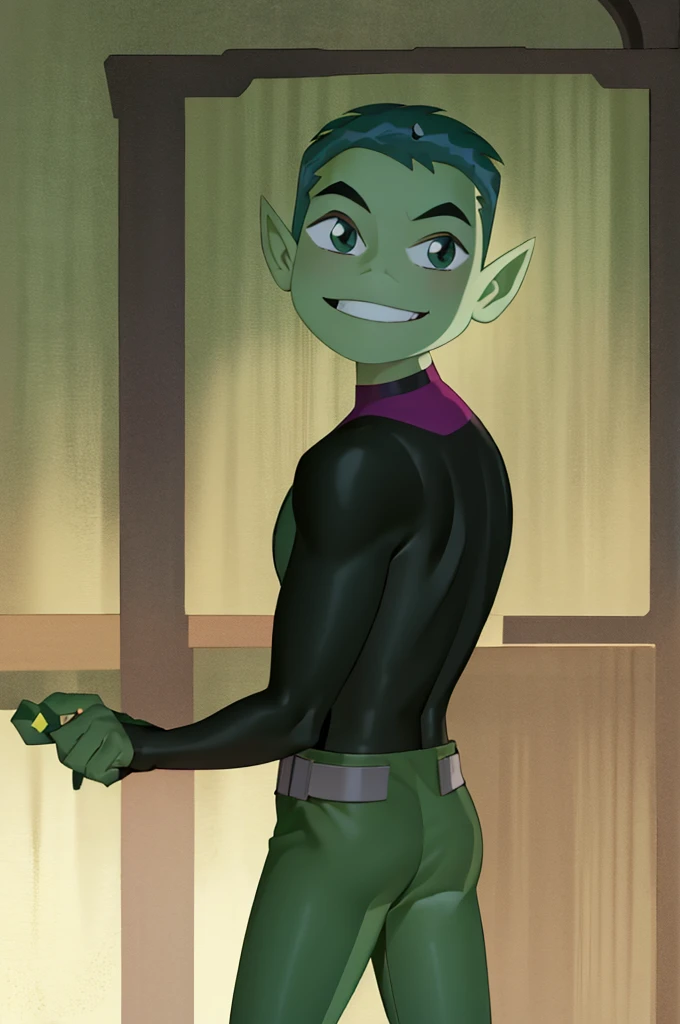 ((masterpiece,best quality)), absurdres, BeastBoy_TeenTitans,   1boy, solo, green eyes, green hair, green skin, colored skin, pointy ears,  purple bodysuit, solo, smiling, looking at viewer, cowboy shot, and shirtless. 