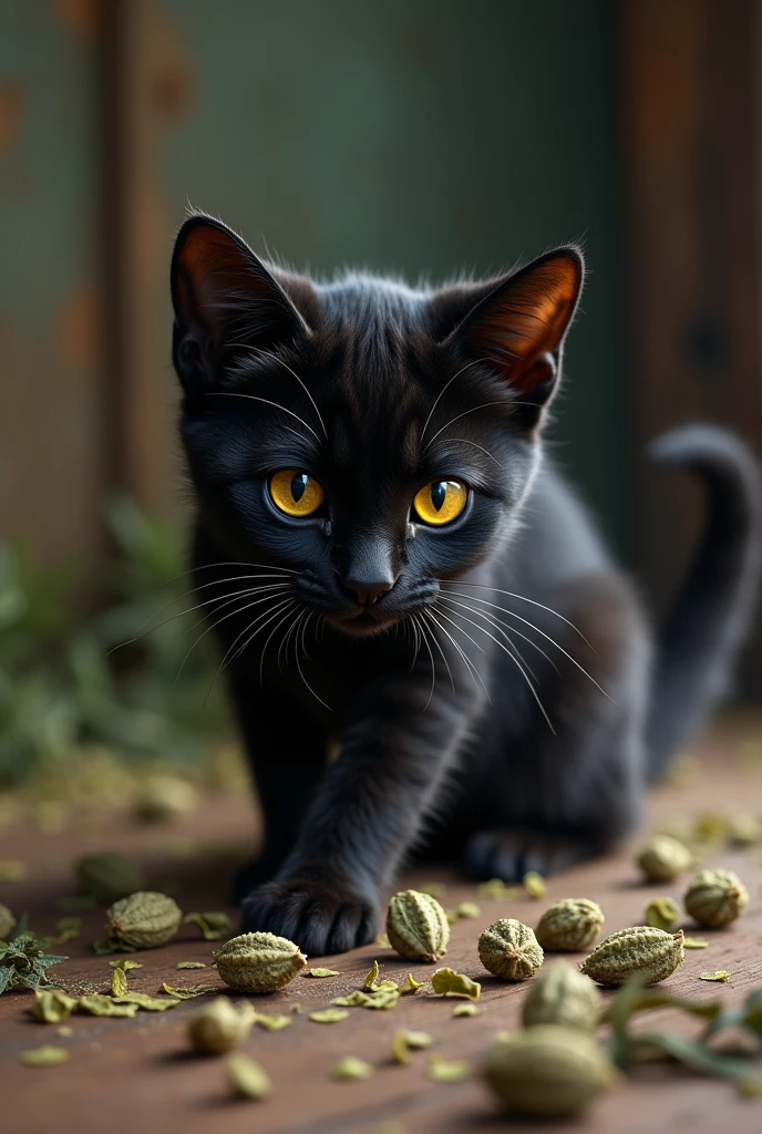 Black cat playing with marijuana seeds...the seeds should look more real..I want a realistic image