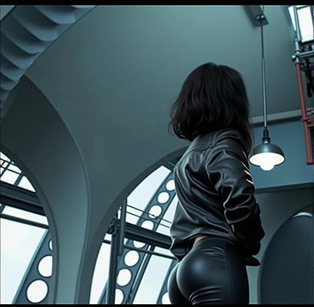 woman with her back to the camera, hand on hip pose, black cropped leather jacket, tight black leather pants, detailed big butt, butt expansion, butt inflation, big buttcheeks, photorealistic, hyper detailed, 8k, realistic, chiaroscuro lighting, moody lighting, dramatic lighting, portrait photography style, cinematic, dark and gritty, high contrast, cool color tones