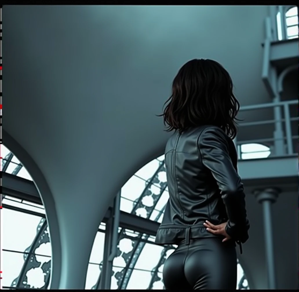 woman with her back to the camera, hand on hip pose, black cropped leather jacket, tight black leather pants, detailed big butt, butt expansion, butt inflation, big buttcheeks, photorealistic, hyper detailed, 8k, realistic, chiaroscuro lighting, moody lighting, dramatic lighting, portrait photography style, cinematic, dark and gritty, high contrast, cool color tones