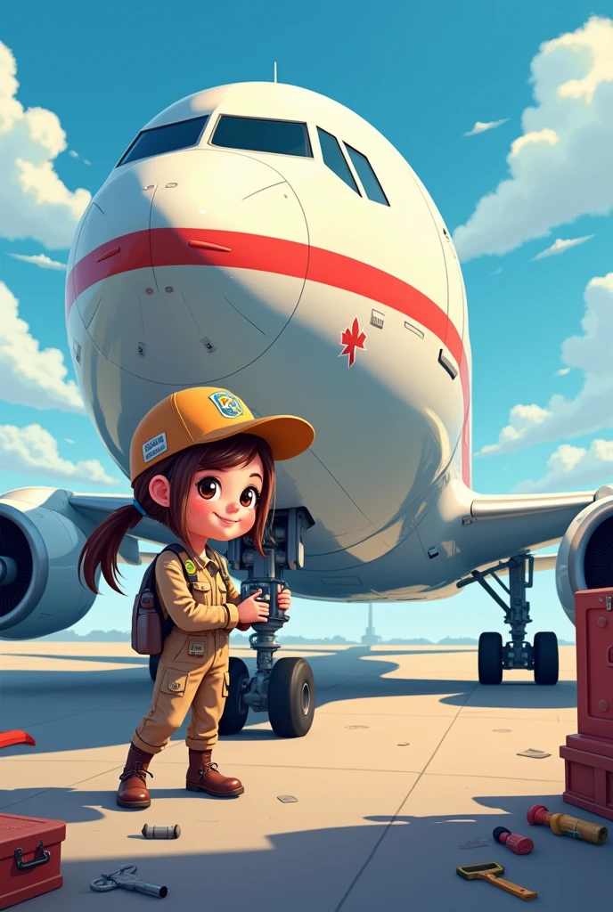 Cute cartoon of a girl pilot repairing a commercial airplane