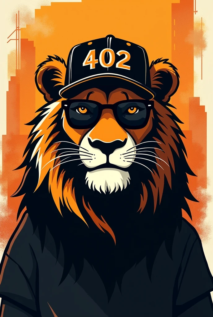 Silhouette of only the front face of a smiling lion illustrated with urban flow with dark square glasses and a backwards cap that transmits appetite with orange and black colors and on the cap put 402