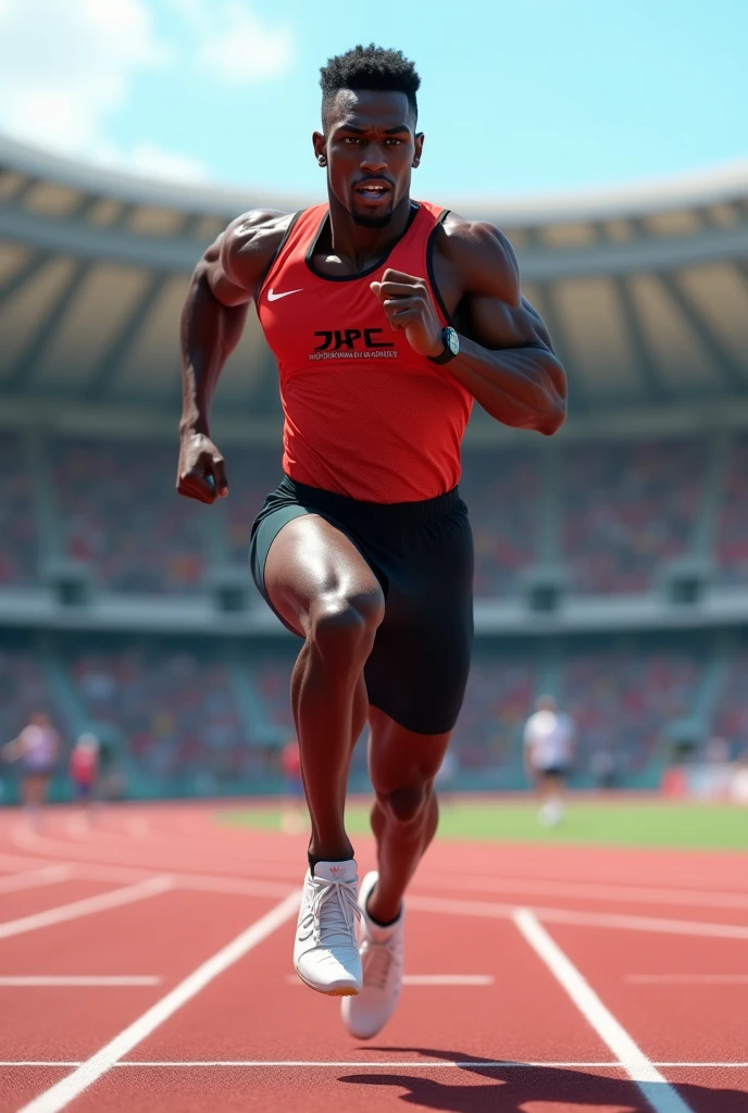 Un coureur noir au jeux olympiques avec un maillot avec mention DJEL TECHNOLOGY