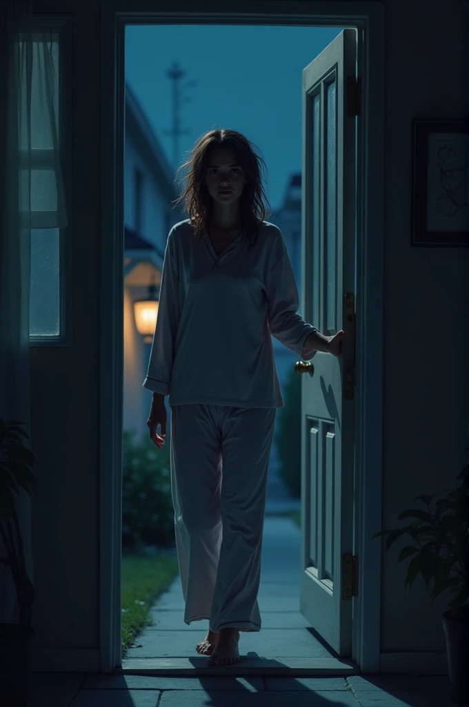 A lady that looks like she just rolled out of bed opening her front door late at night