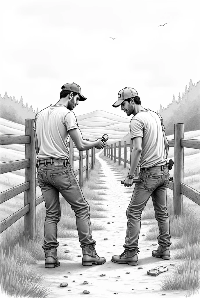 I want you to create a drawing that depicts two people in a rural setting.. The two people building a fence. I also want you to add the workers' work tools and a thermos of water in one place.. Both are dressed casually.