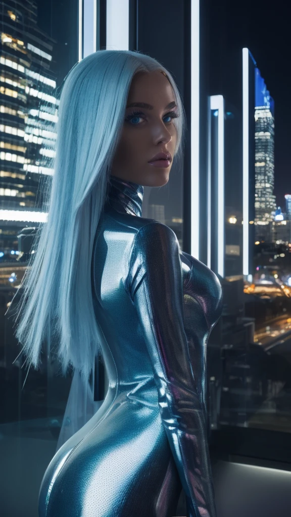 Option 1: Edgy and Urban
Captured with a medium format camera capable of capturing breathtaking detail, the image reveals a stark contrast between the model and her environment. The albino model, clad in a sleek leather catsuit, stands as a beacon of icy perfection against the gritty urban backdrop. Her platinum hair, windswept and imbued with an ethereal quality, frames a face of striking angles and piercing blue eyes that seem to hold the city's secrets. The helicopter, a gleaming silver sculpture, reflects the city lights, creating a mesmerizing interplay of light and shadow. Every pore of her skin, every strand of hair is rendered with astonishing clarity, while the city's architecture is captured in sharp, crystalline detail. The resulting image is a high-fashion masterpiece, a fusion of raw urbanity and ethereal beauty.

Option 2: Mysterious and Enigmatic
Photographed with a large format camera renowned for its ability to capture subtle nuances of light and shadow, the scene is imbued with an air of mystique. The model, a ghost-like figure in a sheer black gown, is bathed in an otherworldly spotlight. Her porcelain skin seems to glow from within, and her platinum hair forms a halo around her face. The city below, a sprawling tapestry of lights, is captured with a depth and clarity that suggests a window into another world. The overall effect is one of haunting beauty, a portrait of a woman lost in thought, or perhaps, in another dimension.

Option 3: Futuristic and Glamorous
Shot with a cutting-edge mirrorless camera, the image bursts with energy and color. The neon lights of the city are reflected in the model's silver bodysuit, creating a dazzling interplay of light and form. Her platinum bob is a geometric masterpiece, and her makeup, with its bold lines and shimmering accents, is a testament to the artistry involved. The flying car, a symbol of futuristic technology, adds a dynamic element to the composition. The image is a hyper-real vision of the future,