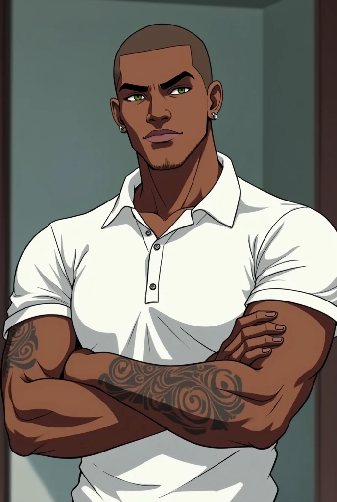 black male, sleeve-style, age 25, charismatic but serious look, little smile, very muscular, greeneyes, baldie, crossed arms, white polo shirt, image from the waist up, clean background like the entrance of an apartment, sleeve-style anime, more cheek and less smile