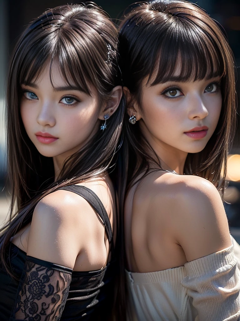 (masterpiece:1.3), (photorealistic:1.37), (a fashion model, 22 years), ((glamour, paparazzi taking photos), (super elaborate, extravagant evening wear), with a perfect body, Super fine face and eyes., (light makeup, [[pink lipstick]], eyeliner), ((see the viewer)), (full breasts:1.3), Attention to detail, double eyelids, Wear an off-the-shoulder blouse, full bodyesbian, (((light dark medium ((hair combed to both sides, side bangs, behind the ear)), extremely detailed))), ((Brown eyes)), 16k, HD, extremely detailed, volumetric warm lighting,
