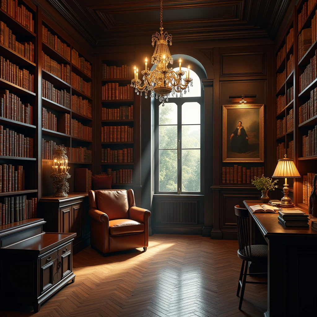 a vintage, antique library, old books, leather-bound books, bookshelves, hardwood floor, warm lighting, cozy atmosphere, high ceilings, large arched windows, oil painting on the wall, chandelier, leather armchair, reading nook, (best quality,4k,8k,highres,masterpiece:1.2),ultra-detailed,(realistic,photorealistic,photo-realistic:1.37),HDR,UHD,studio lighting,ultra-fine painting,sharp focus,physically-based rendering,extreme detail description,professional,vivid colors,bokeh,interior,atmospheric,cinematic,dramatic lighting