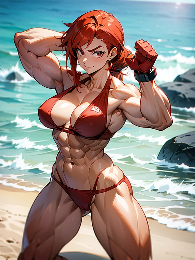 Anime redhead muscle mommy in a red thong bikini flexing her muscles in a front double biceps pose to pridefully show off her rock hard 8-pack abs on a white sanded beach, highly detailed