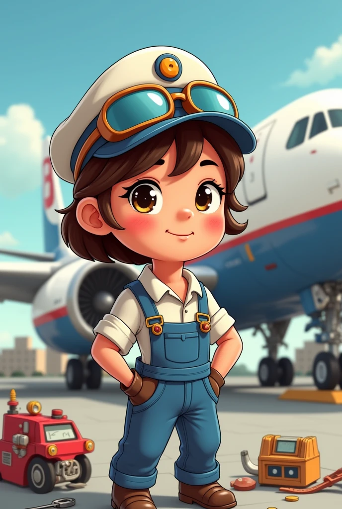 Cute cartoon of a girl pilot repairing a commercial airplane
