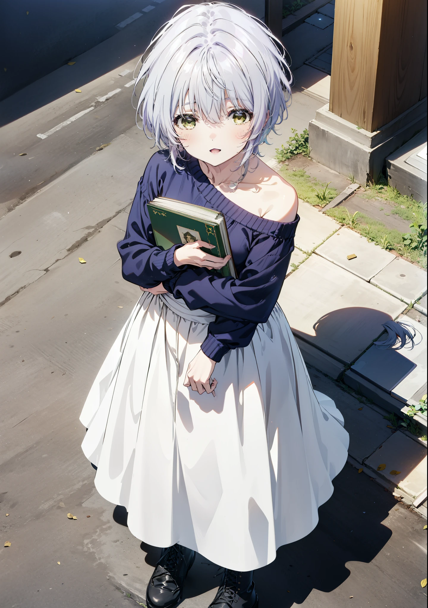 fuukakikuchi, fuuka kikuchi, short hair, bangs, Hair between the eyes, (Green Eyes:1.3),smile,Open your mouth,Grey Hair,One-shoulder sweater,Long skirt,Black pantyhose,short boots,Holding a book in both arms,morning,morning陽,whole bodyがイラストに入るように,
break indoors, figure書館,
break looking at viewer,whole body,
break (masterpiece:1.2), Highest quality, High resolution, unity 8k wallpaper, (figure:0.8), (Beautiful attention to detail:1.6), Highly detailed face, Perfect lighting, Highly detailed CG, (Perfect hands, Perfect Anatomy),