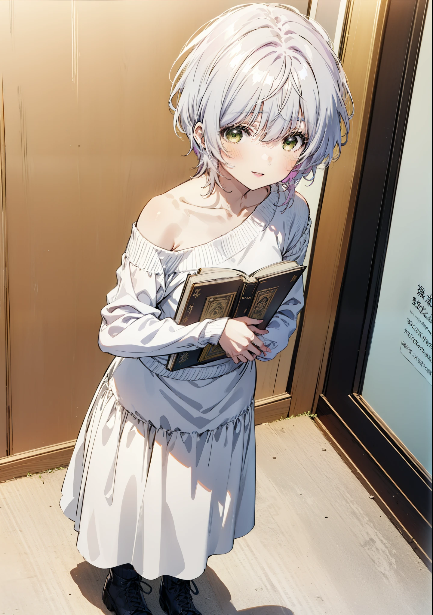 fuukakikuchi, fuuka kikuchi, short hair, bangs, Hair between the eyes, (Green Eyes:1.3),smile,Open your mouth,Grey Hair,One-shoulder sweater,Long skirt,Black pantyhose,short boots,Holding a book in both arms,morning,morning陽,whole bodyがイラストに入るように,
break indoors, figure書館,
break looking at viewer,whole body,
break (masterpiece:1.2), Highest quality, High resolution, unity 8k wallpaper, (figure:0.8), (Beautiful attention to detail:1.6), Highly detailed face, Perfect lighting, Highly detailed CG, (Perfect hands, Perfect Anatomy),