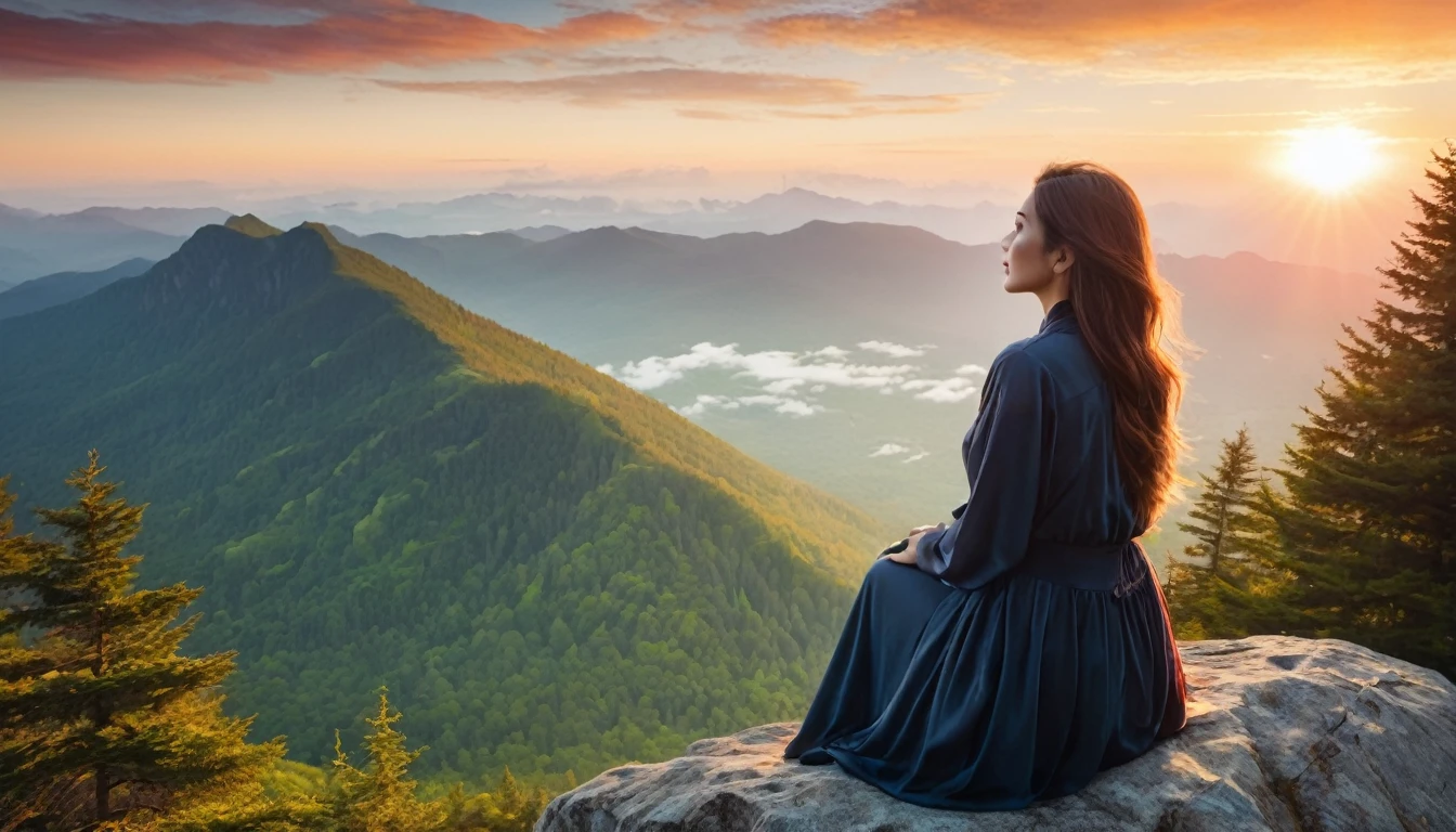 A beautiful woman with a lovely aura watches the sunrise from the top of a mountain