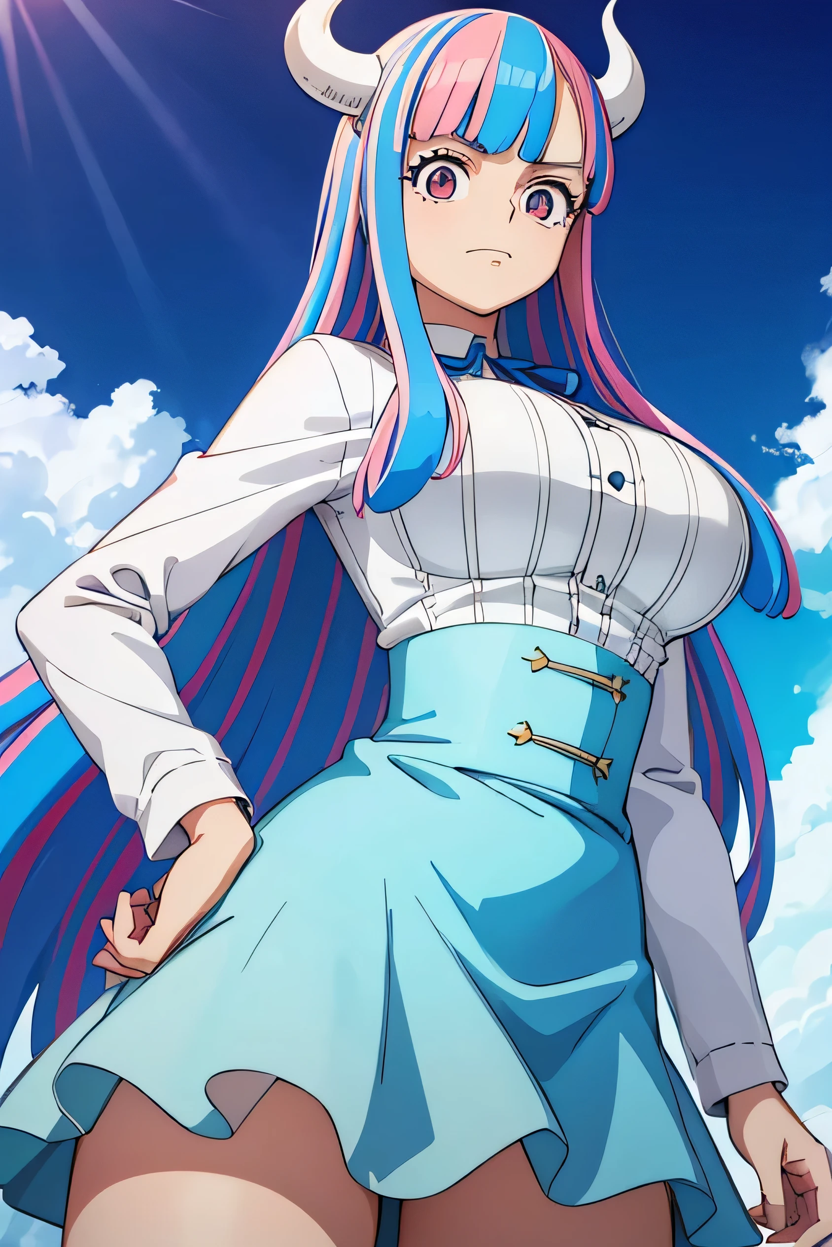 Alti OP, One Piece Anime,Large Breasts, Multicolored Hair, Long Hair, Blue Hair, Pink Hair, bangs, horn, Blue Skirt, High Waist Skirt, White shirt, Long sleeve, Blue Cape, Beautiful lighting, Dutch Angle,From below, (masterpiece, Highest quality,Absurd: 1.2), Perfect hands,Beautiful sea,Outdoor,Detailed eyes