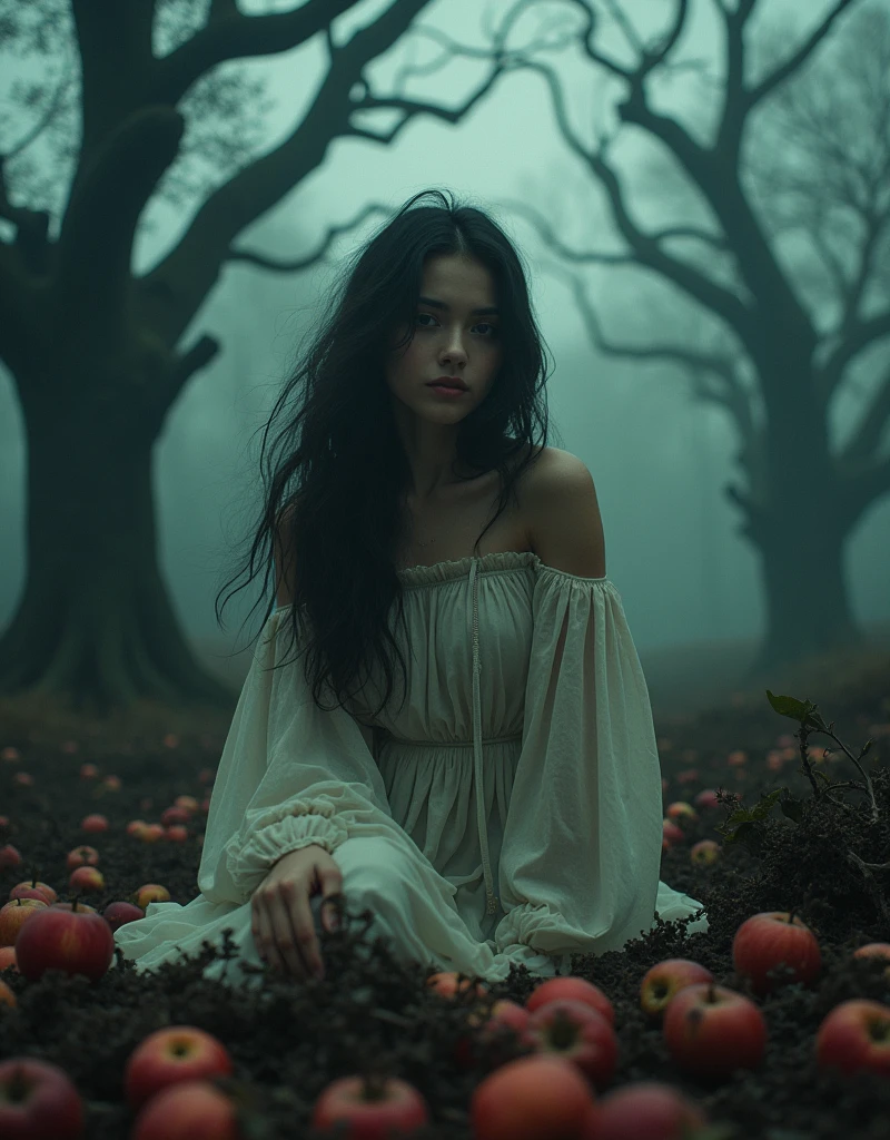 Large format 8k quality photo of a woman in a fantasy etheral dramatic setting with rotten apple trees,hell, lightings, rotten apples on the grounds ,shot on ARRI ALEXA 65 with 50mm lens