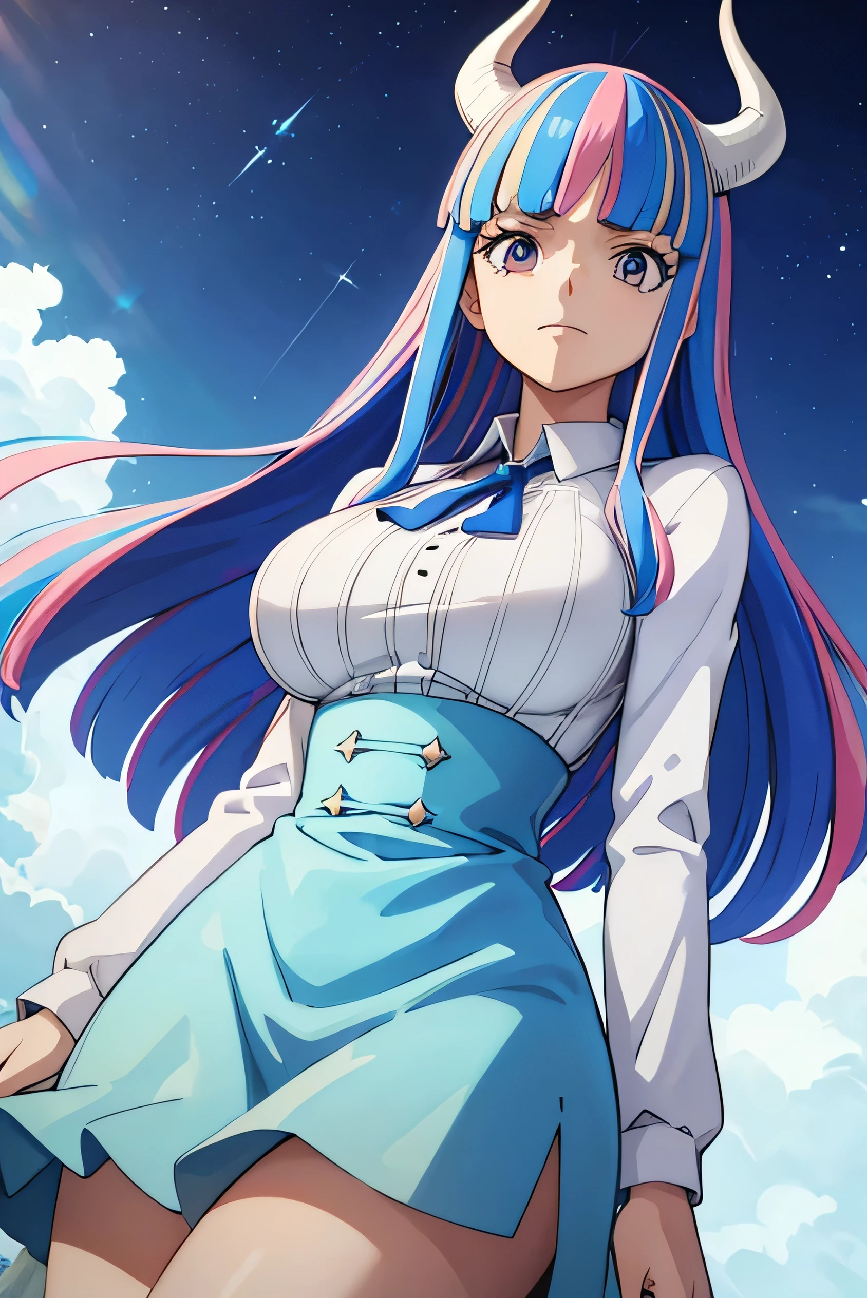 Alti OP, One Piece Anime,Large Breasts, Multicolored Hair, Long Hair, Blue Hair, Pink Hair, bangs, horn, Blue Skirt, High Waist Skirt, White shirt, Long sleeve, Blue Cape, Beautiful lighting, Dutch Angle,From below, (masterpiece, Highest quality,Absurd: 1.2), Perfect hands,Beautiful sea,Outdoor,Detailed eyes