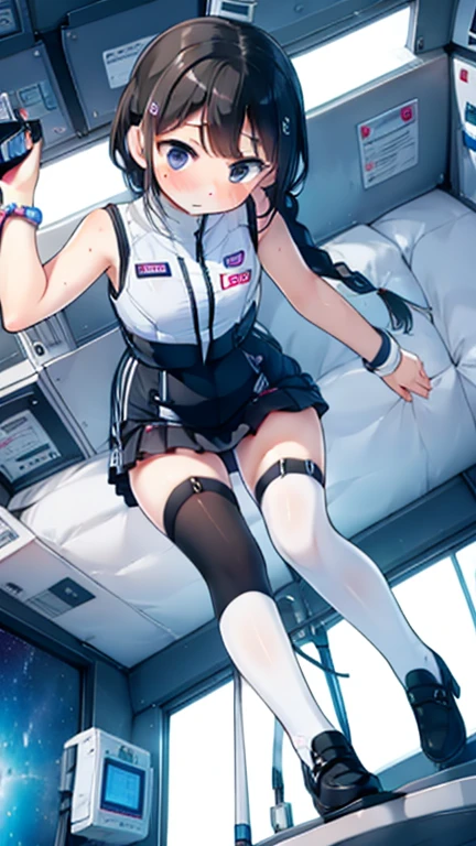 (Highest quality), (masterpiece), 1080P, High resolution, 4K, 8k, Inside the space station、Futuristic room、Thigh straps, Shooting from directly below, The woman on top of me, 白いSweat, Covered , Sweat, Woman looking down, Skirt swimsuit, Thigh-high socks, To achieve this, , , whole body, Black leather shoes, Braided hair, Inner Color, Embarrassed face, Short black hair, bracelet, Bedroom,celestial body_Vest