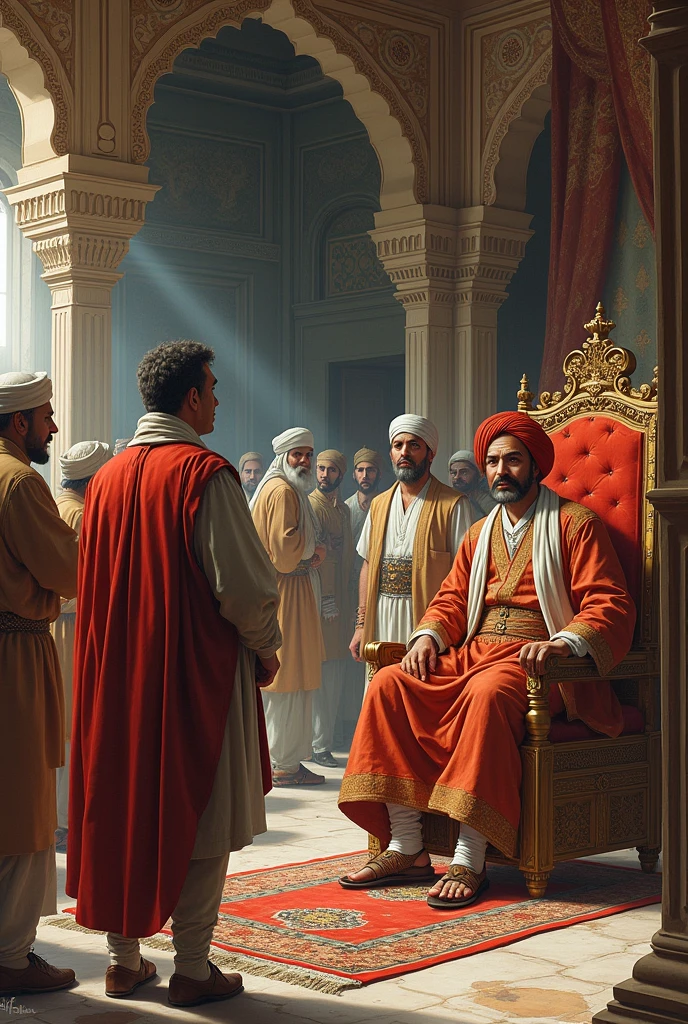 **Prompt:**

Create a detailed historical illustration depicting Captain William Hawkins arriving at the court of Mughal Emperor Jahangir in the early 1600s. The setting should be a grand Mughal palace with intricate architecture, featuring ornate pillars, arches, and a richly decorated throne where Emperor Jahangir is seated. Captain William Hawkins, dressed in early 17th-century European attire, should be shown respectfully presenting himself before the emperor, seeking permission for trade.

Jahangir, dressed in regal Mughal attire with a turban and luxurious robes, should appear curious yet composed. Surrounding them, depict Mughal courtiers in traditional clothing, observing the interaction. The atmosphere should reflect the opulence of the Mughal court, with a blend of cultural elements such as Persian carpets, vibrant tapestries, and a background that hints at the grandeur of the Mughal Empire. The image should capture the significance of this historical meeting, marking the beginning of British involvement in India.