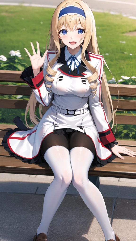 masterpiece, best quality, highres,  aacecilia, very long hair, curly hair, drill hair, blue hairband, school uniform, white jacket, white dress, long sleeves, belt, black pantyhose, sitting, bench, waving, smile, open mouth, outdooors