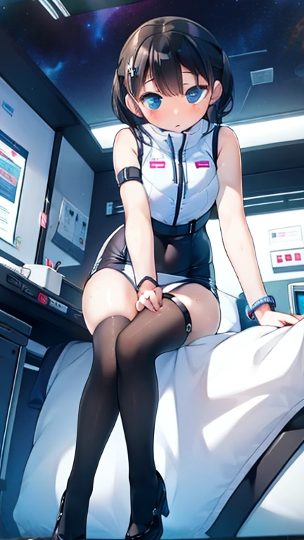 (Highest quality), (masterpiece), 1080P, High resolution, 4K, 8k, Inside the space station、Futuristic room、Thigh straps, Shooting from directly below, The woman on top of me, 白いSweat, Covered , Sweat, Woman looking down, Skirt swimsuit, Thigh-high socks, To achieve this, , , whole body, Black leather shoes, Braided hair, Inner Color, Embarrassed face, Short black hair, bracelet, Bedroom,celestial body_Vest
