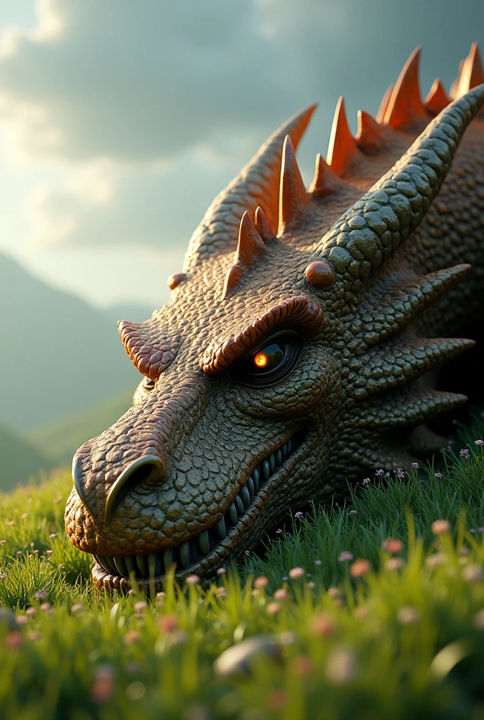 Make the head of a huge and imposing dragon lying on the grass
