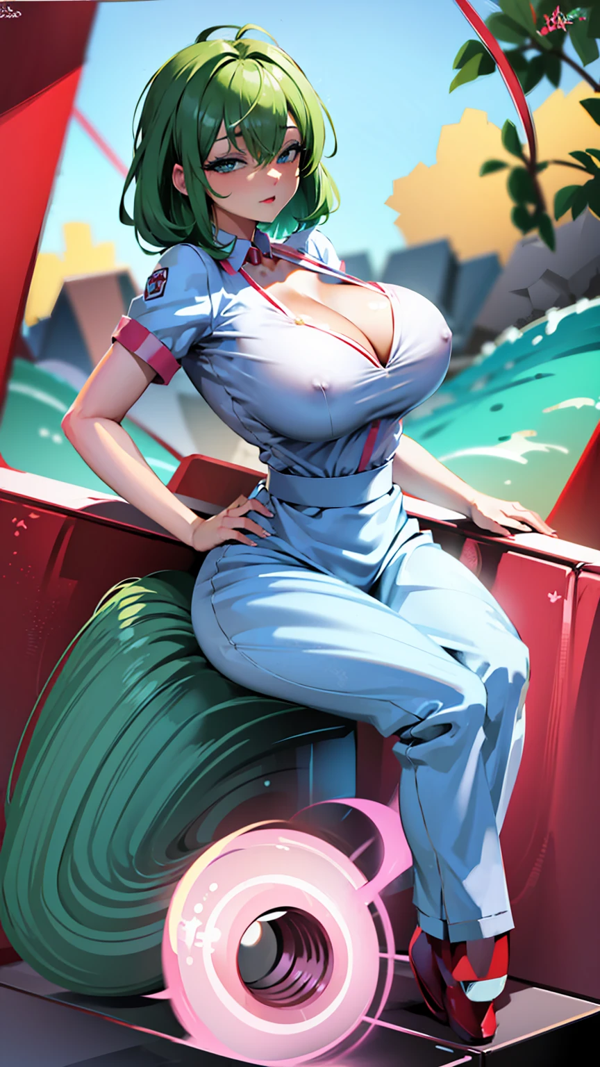 nurse outfit, large breast, big breast, cleavage, short green hair, blue eyes